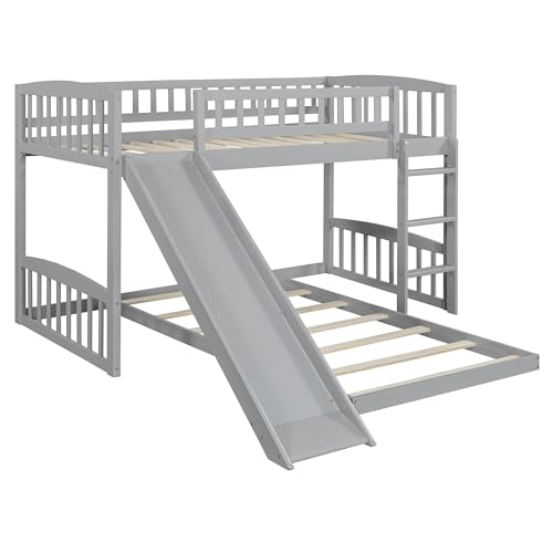 LZ LEISURE ZONE Twin Over Twin Bunk Bed, Wood Bunk Bed with Slide and Ladder, Gray LZ LEISURE ZONE