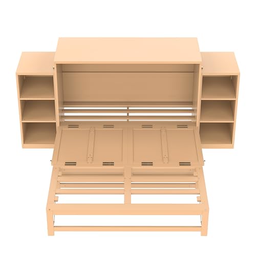 Ball & Cast Murphy Bed Full Size Bed Frame with Spacious Storage Drawers and Open Shelves,Wood Hideaway Beds w/No Box Spring Needed,Slat Support,for Apartment,Bedroom,can be Folded,Golden Ball & Cast