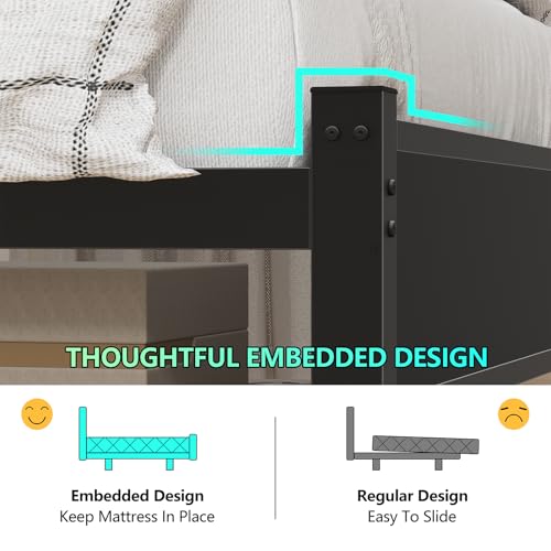 Twin Size Bed Frame with Charging Station and LED Lights, Twin Bed Frames with Storage Headboard, Black LED Bed Frame with Storage Shelves, Metal Platform with Under-Bed Storage, No Box Spring Needed CSZZD
