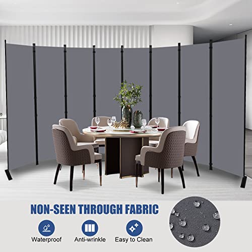 Room Divider Folding Privacy Screens with Wheels, 6FT Tall Divider for Room Separation, Movable Room Partitons and Dividers, Indoor Room Dividers Panel with Fabric (Grey, 8 Panel-176‘’-Flat Base) HOMSCREENER
