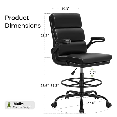 Drafting Chair Tall Office Chair with Padded Flip-up Armrests Executive Ergonomic Computer Standing Desk Chair with Comfortable Leather Backrest and Adjustable Footrest Ring (Black) amseatec