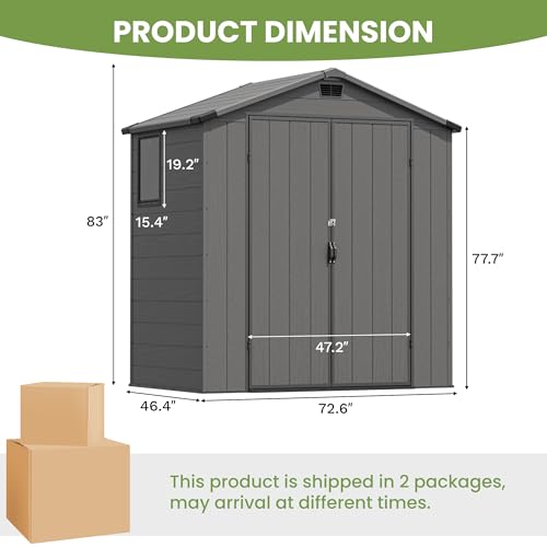 Greesum 6x4FT Plastic Outdoor Storage Shed with Floor, Resin Sheds with Lockable Double Door, Window & Vents, All-Weather Tool Sheds for Garden, Backyard, Patio, Dark Gray Greesum