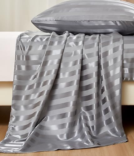 Arianaut Duvet Cover King Size Grey 5 Pieces Satin King Duvet Cover Luxury Coquette Silk Like Striped Grey Bedding Set Comforter Cover with Zipper Closure 1 Duvet Cover 4 Pillow Cases Arianaut