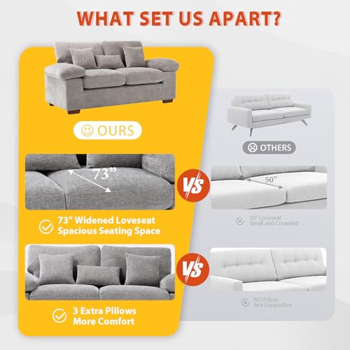 Living Room Loveseat Sofa Couch, 73" Love Seat Couch Sofa, Upholstered Chenille Living Room Sofa with Extra 3 Pillow, Removable Back Cushion-LightGrey COLAMY