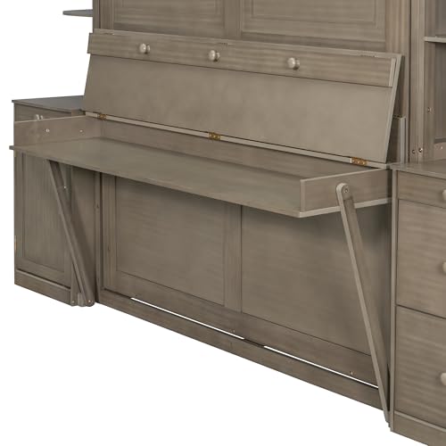 MERITLINE Queen Murphy Bed with Desk & Storage Shelves & Cabinets, Convertible Hidden Wall Bed with Lights and Drawers - Space-Saving Home Office Solution (Gray) MERITLINE