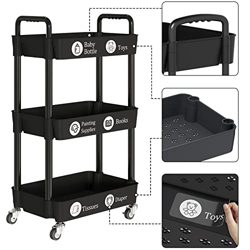 UDEAR 3-Tier Rolling Utility Cart with 12 Category Labels,Multifunctional Comagtable Rolling Shelving with Handle and Lockable Wheels for UDEAR