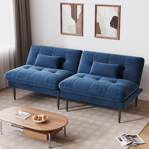 NEDYO 70 inch Convertible Futon Sofa Bed, Velvet Sleeper Sofa with Adjustable Backrest, Thick Fill and Convertible Modules, 4 in 1 Loveseat Couch for Living Room, Blue NEDYO
