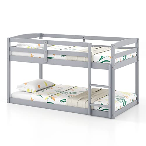 KOMFOTT Low Bunk Bed Twin Over Twin, Solid Wood Bunk Bed Frame with Built-in Ladder & Safety Guardrails, Space-Saving Low Bunk Bed for Kids, Teens, No Box Spring Needed KOMFOTT