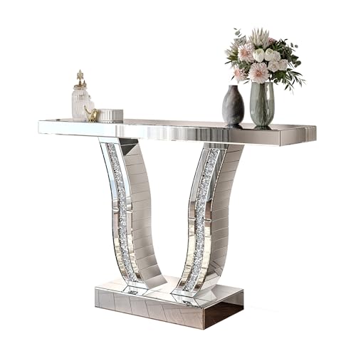 43" Mirrored Console Tables, Modern Silver Entryway Sofa Table with Curved Stone-Inlaid Legs for Living Room, Modern Luxury Accent Table, Hallway Foyer Table, Silver JIJIWANG