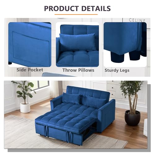 Thctvous 3 in 1 Pull Out Couch Bed, Convertible Futon Sofa Bed, Velvet Sleeper Loveseat for Small Living Room, Adjustable Backrest, Comfy Pillows, Side Pocket (Blue) Thctvous