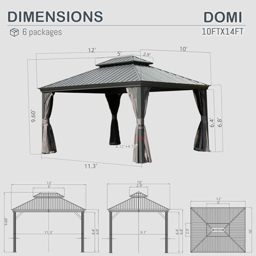 Domi 10x14FT Hardtop Gazebo, Permanent Outdoor Gazebo with Galvanized Steel Double Roof and Aluminum Frame, Curtain and Netting, Pavilion Gazebo for Patio Deck Garden, Grey domi outdoor living