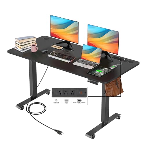 Legooin Electric Standing Desk, 55x24in Adjustable Height Computer Desk with Wheels, Sit-Stand Desk with Charging Station, 2 USB Ports, 3 Power Outlets, Spacious Workstation for Home Office(Black) Legooin