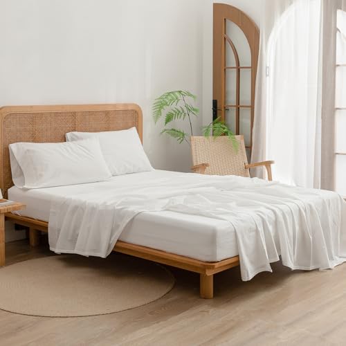 BESTOUCH Sheet Set 100% Washed Cotton Linen Feel Super Soft Comfortable Chic Lightweight 3 Pcs Home Bedding Set Solid Off White Twin BESTOUCH