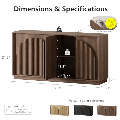 win2win Fluted Sideboard Buffet Cabinet with Storage, 65" Mid Century Modern Accent Cabinet with Double-Layered Arch Doors,Wood Media TV Console Table Credenza for Living Room Hallway Entryway,Walnut win2win