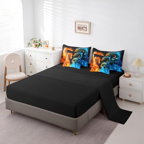 Feelyou Dragon Bedding Set 7 Piece Fire and Ice Dragon Couple King Comforter Set with Sheets for Kids Boys Girls Decor Wild Animal Bed in a Bag Safari Theme Bed Set Feelyou