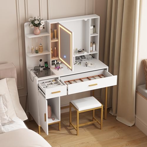 IDEALHOUSE Vanity Desk with Mirror and Lights, 42.5" Makeup Vanity Set with Stool, Makeup Table with Mirror Cabinet and Chair, Drawers & Shelves, Dressing Table with Outlet for Bedroom, White IDEALHOUSE