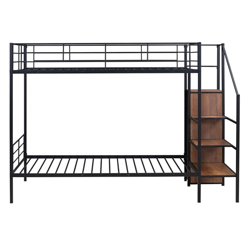 Harper & Bright Designs Metal Bunk Bed with Stairs and Wardrobe, Twin Over Twin Bunk Bed Frame with Storage Ladder, for Kids Teens Adults, Black Harper & Bright Designs