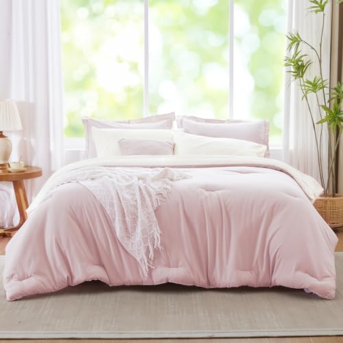 Kozyhvn Full Size Comforter Sets for Girls, Pink and White Comforter Reversible, 7 Pieces Soft Bed in a Bag Full with Comforter, Sheets, Pillowcases & Shams, All Seasons Boho Full Bed Set Kozyhvn