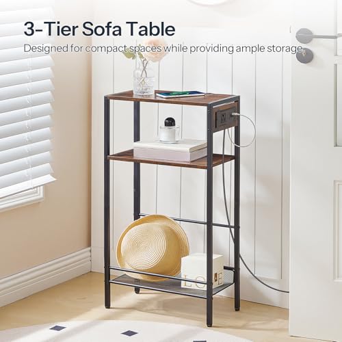 HOOBRO 15.7" Narrow Console Table with Charging Station, 3 Tier Entryway Table for Small Space, Behind Couch Table, Sofa Table, for Entryway, Hallway, Living Room, Rustic Brown and Black BF42UXG01 HOOBRO