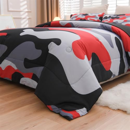 Holawakaka Full Size Camo Bedding Comforter Set with Sheets,Boys Girls Men Camouflage Bed in A Bag 5 Pieces,Kids Teens Dorm Bed Sets Neutral Farmhouse Lodge Cabin Army Bedspread (Red, Full) Holawakaka