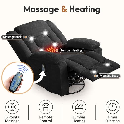 Korser Rocker Recliner Chair for Adults, 360° Swivel Rocker Recliner with Massage and Heating, Nursery Rocking Chairs with Side Pockets, Manual Reclining Chair for Living Room, Bedroom or Nursery