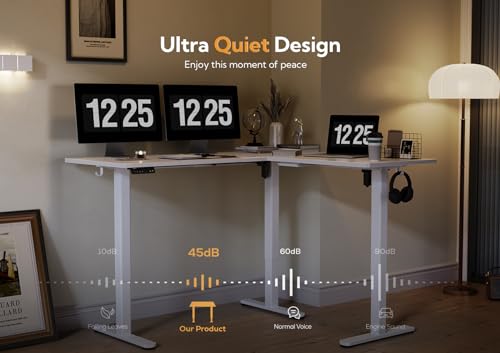Claiks L Shaped Standing Desk Adjustable Height, Dual Motor Electric Corner Standing Desk, 75 x 63 inch with Splice Board, White Claiks