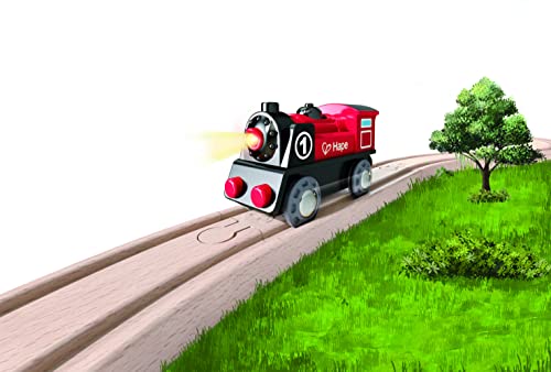 Hape Wooden Railway Battery Powered Engine No. 1 Kid's Train Set Red, White, Black, Blue, L: 3.7, W: 1.3, H: 1.9 inch Hape