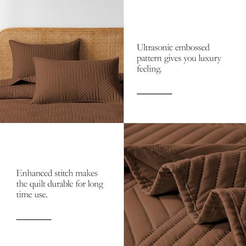 Davulos Twin Quilt Set, Brown Lightweight Reversible Bedspread for All Seasons, Soft Modern Microfiber Geometric Coverlet for Kids or Guest Bedroom (1 Quilt, 1 Pillow Sham) Davulos