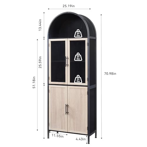 HUSHEDIFY Arched Storage Cabinet with Glass Doors & Shelves, 5-Tier Farmhouse Bookcase Bookshelf Tall Floor Curved Hutch Storage Cabinet for Living/Dining/Office - Oak&Black HUSHEDIFY
