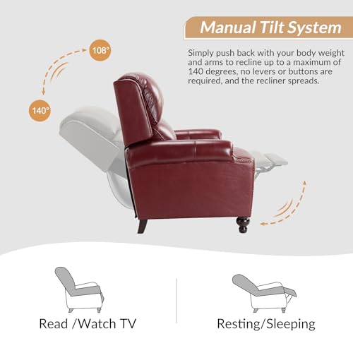 HULALA HOME Genuine Leather Wingback Recliner Chair with Thick Cushioned Seat, Traditional Push Back Leather Recliner with Nailhead Trim, Burgundy
