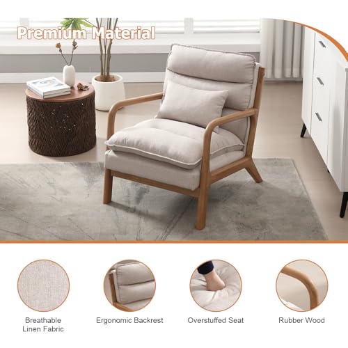 INZOY Mid Century Modern Accent Chair with Wood Frame, Upholstered Reading Armchair with Waist Cushion, Double Padded Accent Chair, Side Chair for Living Room Bedroom Office, Easy Assembly, Beige INZOY