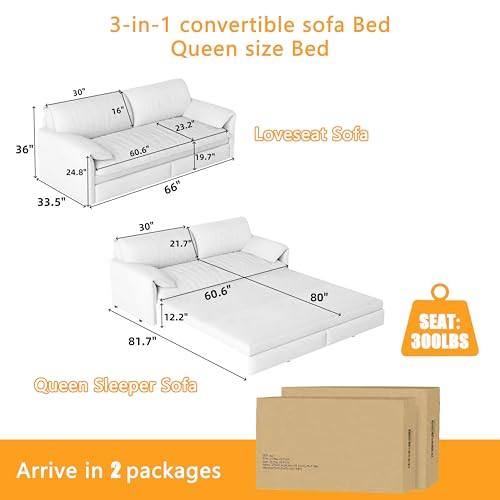 UPYOOE 63.8" Futon Sofa Bed Queen Size, Pull Out Bed, 3-in-1 Convertible Sleeper Sofa with Side Pocket, Modern Velvet Futon Couch for Living Room, Small Space, Apartment, Bedroom, Beige UPYOOE