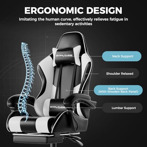 GTPLAYER Gaming Chair, Computer Chair with Footrest and Lumbar Support, Height Adjustable Game Chair with 360°-Swivel Seat and Headrest and for Office or Gaming (White) GTPLAYER