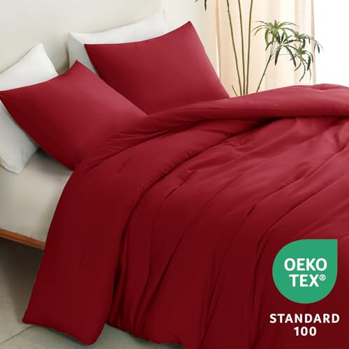 CozyLux King Size Comforter Set Dark Red, 3 Pieces Solid Breathable Quilted Style Bedding Sets, Luxury Fluffy Soft Bed Set with Down Alternative Comforter for All Season (1 Comforter & 2 Pillowcases)
