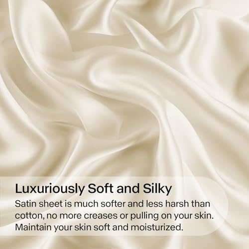 BEDELITE King Size Sheets Set, Luxury Soft Beige Satin Sheets for Hair and Skin, Similar to Silk Bed Sheets Set 4 Pieces with 1 Deep Pocket Fitted Sheet, 1 Flat Sheet, and 2 Pillowcases BEDELITE