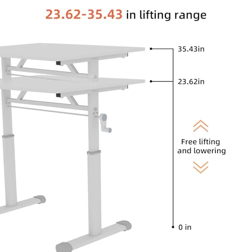 Luxebough Adjustable Study Desk, Height Adjustable Standing Desk with Manual Crank, 23" Wide Small Computer Table, Sit Stand Table, White Frame, 24-35 Lifting Range (White,32.68" L × 23.62" W) Luxebough