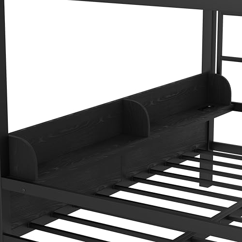 Bellemave Bunk Bed Queen Over Queen,Metal Bunk beds with Storage Shelves and Drawers USB Ports and LED Lights, Lower Bed That can be Converted into a Sofa, Black Bellemave