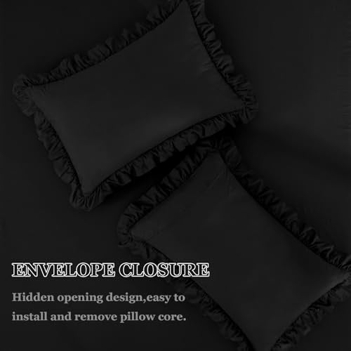 KKJIAF Full Fitted Bed Sheets with 2 Ruffle Pillowcases, Brushed Microfiber Fitted Sheet with 16 Inches Deep Pocket, Comfy Breathable Bed Sheets, Black (No Flat Sheet) KKJIAF