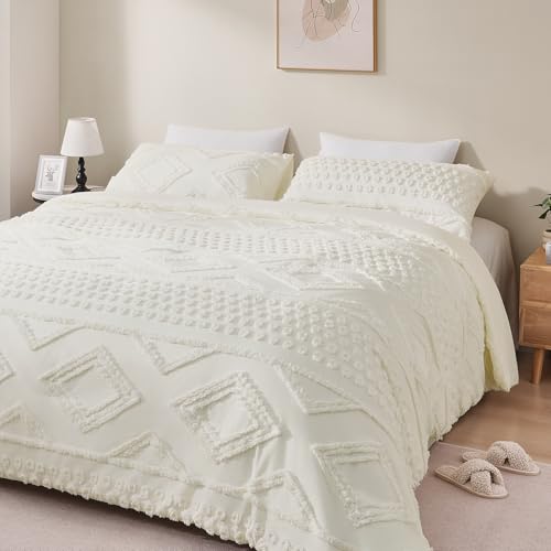 YIXWZAS Boho Queen Comforter Set Beige with Sheets, 3 Pieces Tufted Queen Comforter Sets Boho Bedding Cream Soft Warm Neutral Comforter Sets for All Seasons YIXWZAS