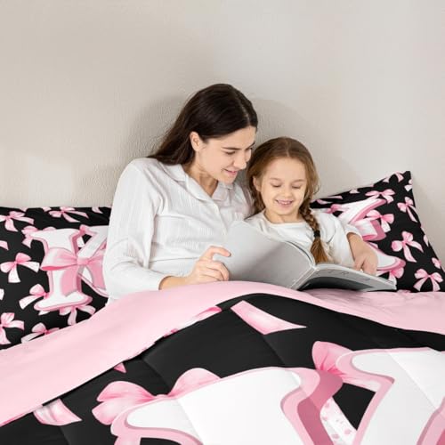 Feelyou Kids Girls Cute Pink Bow Comforter Set Twin Size Initial Letter K Bedding Set Coquette Bow Knot Duvet Quilt Bedroom Monogrammed Decor Personalized Teen Girl Women Gifts Ultra Soft Breathable Feelyou