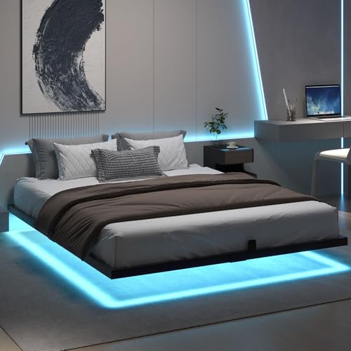 HOMBCK Floating Bed Frame King with LED Lights, Industrial Style Metal Bed Frame, No Box Spring Needed, Easy to Assemble, Noise Free HOMBCK