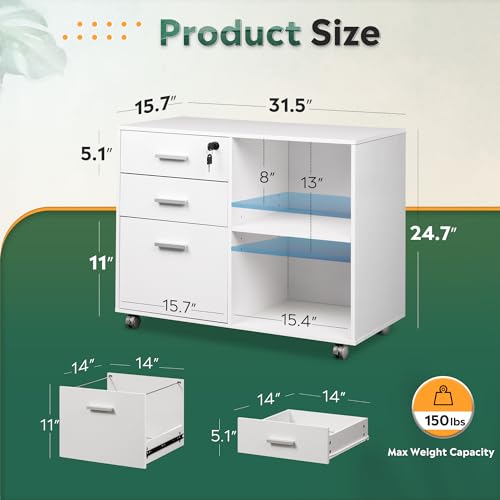 DEVAISE 3-Drawer Wood File Cabinet with Lock, Mobile Lateral Filing Cabinet, Printer Stand with Open Storage Shelves for Home Office, White DEVAISE