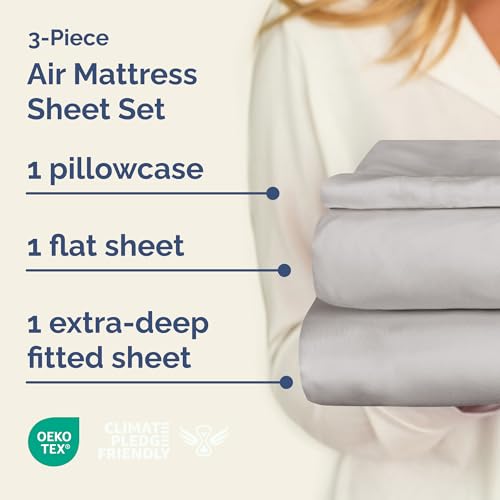 Air Mattress Sheet Set for Twin Size - 3 Piece Breathable & Cooling Sheets w/Extra Deep Pockets - Fits Inflatable & Blow Up Air Mattresses Up to 24 Inches Thick - Soft and Wrinkle Free - Light Grey CGK Unlimited