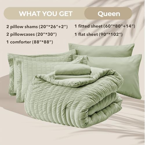 HYMOKEGE Light Green Queen Comforter Set Seersucker 7 Pieces, All Season Luxury Bed in a Bag for Bedroom, Bedding Set with Comforters, Sheets, Pillowcases & Shams HYMOKEGE