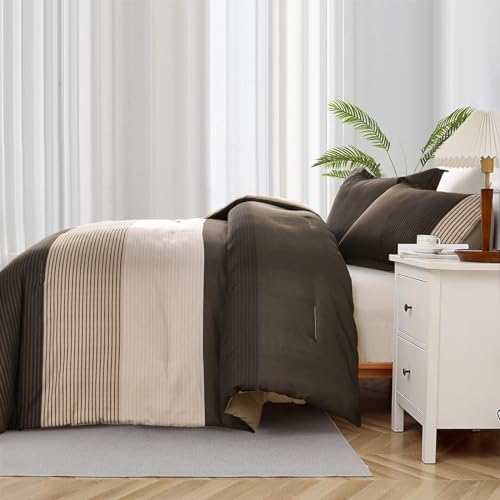 Brown Comforter Set King, Reversible Brown Striped Down Alternative Comforter for King Bed,3 Pieces (1 Comforter+2 Pillowcases), Soft Microfiber Bedding Duvet Set 104"×90" WONGS BEDDING