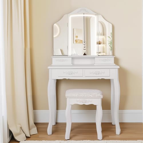 HVCBOSS 3-in-1 Makeup Vanity Desk with Tri-Fold LED Mirror, Charging Station (2 AC + 2 USB), 4 Drawers + Open Shelf, Small Vanity Table with Stool for Bedroom/Dorm HVCBOSS
