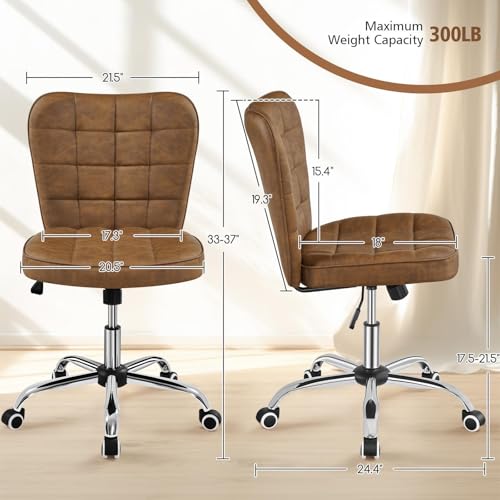 Yaheetech Armless Desk Chair Modern Tufted Office Chair Faux Leather Upholstered Computer Chair with Adjustable Seat Height and Rolling Wheels for Home/Office, Retro Brown Yaheetech