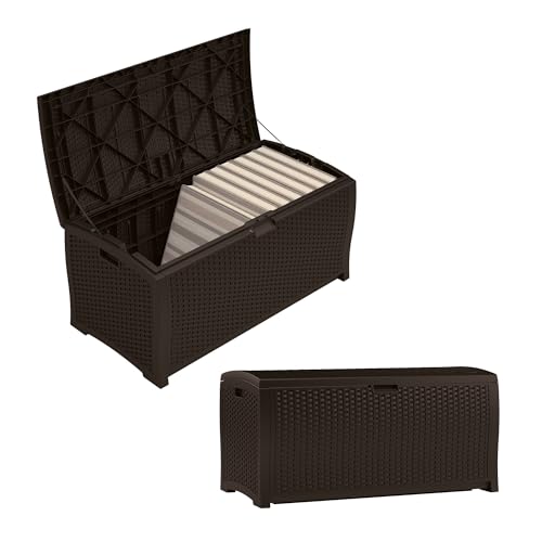 Suncast DBW9200 99 Gallon Outdoor Wicker Plastic Patio Storage Chest Bin with Handles for Patio, Garden, Garage, or Pool for All Weather, Mocha Suncast