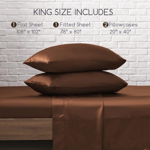 MR&HM Satin Bed Sheets, King Size Sheets Set, 4 Pcs Silky Bedding Set with 15 Inches Deep Pocket for Mattress (King, Brown) MR&HM