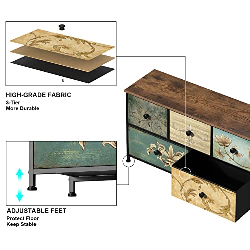 Tohomeor Dresser with Drawers for Bedroom Chest of Drawers Fabric Dresser for Closet,Nursery Entryway Hall Tree TV Stand for Living Room Retro Floral Pattern Drawers Wooden Top (5 Drawers) Tohomeor
